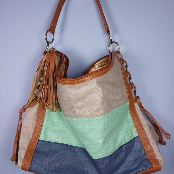 Twiggy London Shoulder Bag Cotton/Linen Vegan Leather Blue Green Beige *FLAWS* - Picture 2 of 16